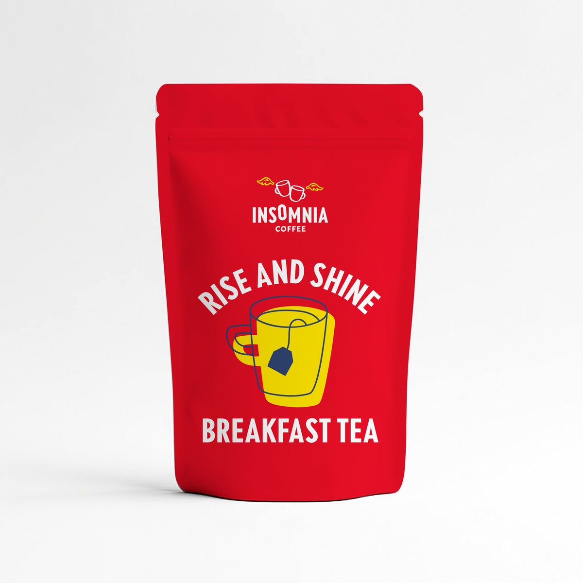 A red stand-up pouch of Insomnia Coffee Breakfast Tea with a yellow mug graphic and white text, set against a clean white background.